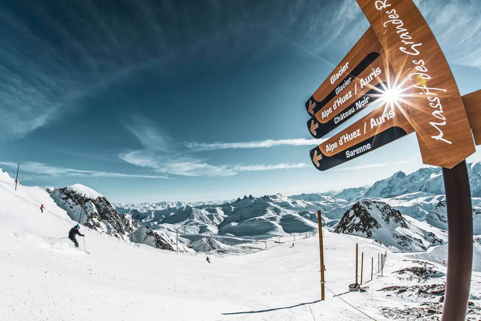 Skieurs sous un panneau indiquant la piste de la Sarenne à l’Alpe d’Huez, Grand Domaine